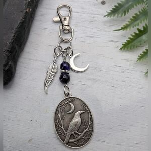 Raven Moon Keychain with Feather & Crescent Charms / Bag Charm